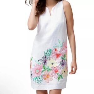 TOMMY BAHAMA 100% Linen Sleeveless Hibiscus Floral White Shift Dress